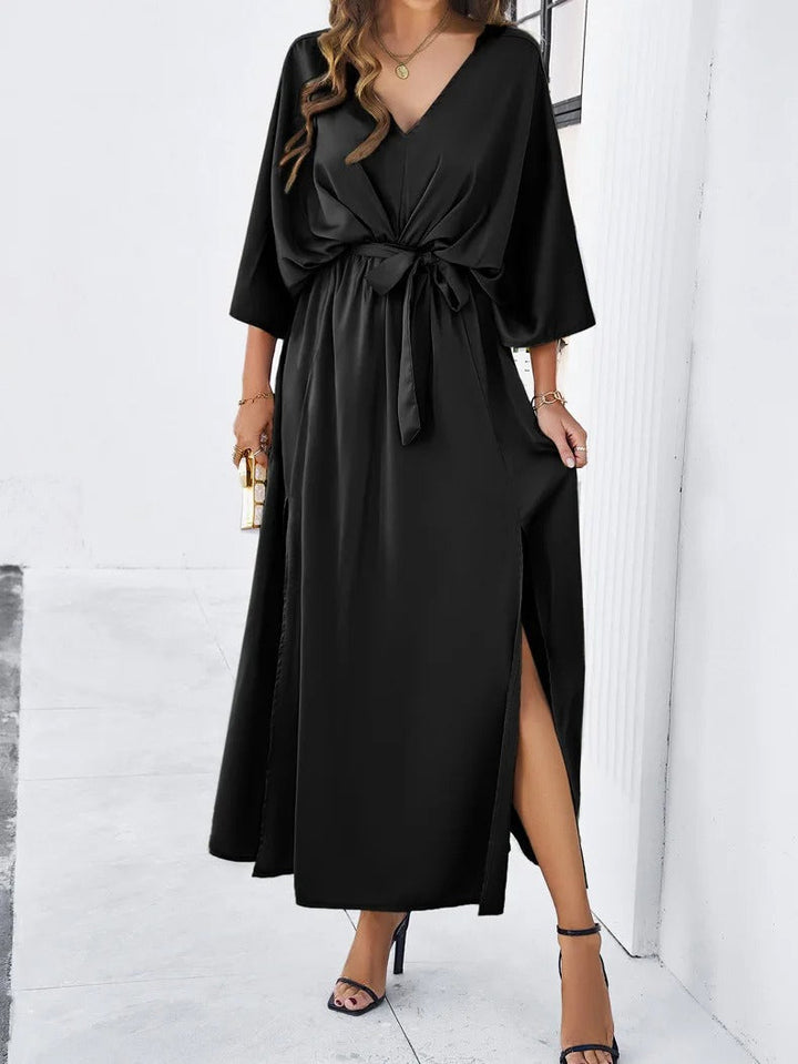 Damen Maxikleid Mit V-Ausschnitt Und Taillenband