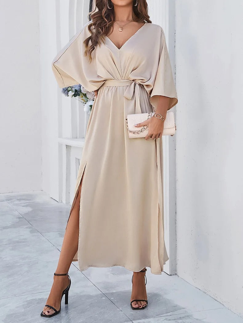 Damen Maxikleid Mit V-Ausschnitt Und Taillenband
